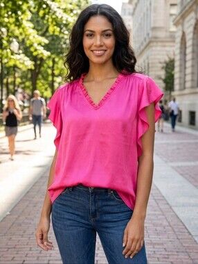 Anthropologie Philosophy Women's Satin Fuchsia Ruffle Sleeve Blouse Size Large